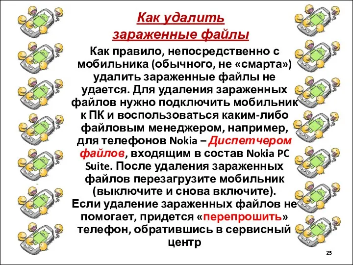 Как удалить зараженные файлы Как правило, непосредственно с мобильника (обычного, не «смарта»)