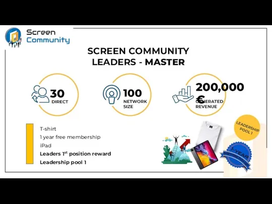 SCREEN COMMUNITY LEADERS - MASTER T-shirt 1 year free membership iPad Leaders