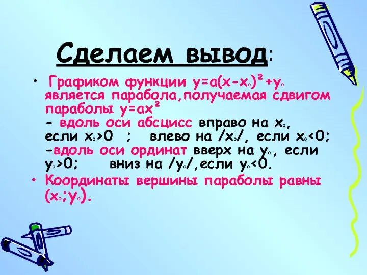 Сделаем вывод: Графиком функции у=а(х-х0)²+у0 является парабола,получаемая сдвигом параболы у=ах² - вдоль