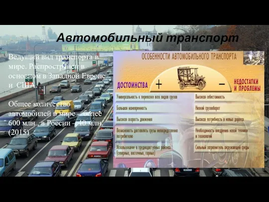 Автомобильный транспорт Ведущий вид транспорта в мире. Распространен в основном в Западной