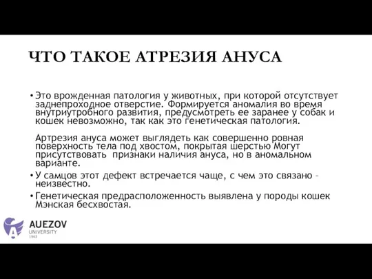 ЧТО ТАКОЕ АТРЕЗИЯ АНУСА Это врожденная патология у животных, при которой отсутствует