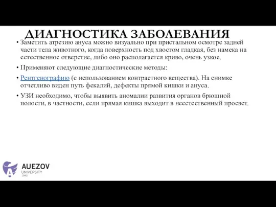 ДИАГНОСТИКА ЗАБОЛЕВАНИЯ Заметить атрезию ануса можно визуально при пристальном осмотре задней части