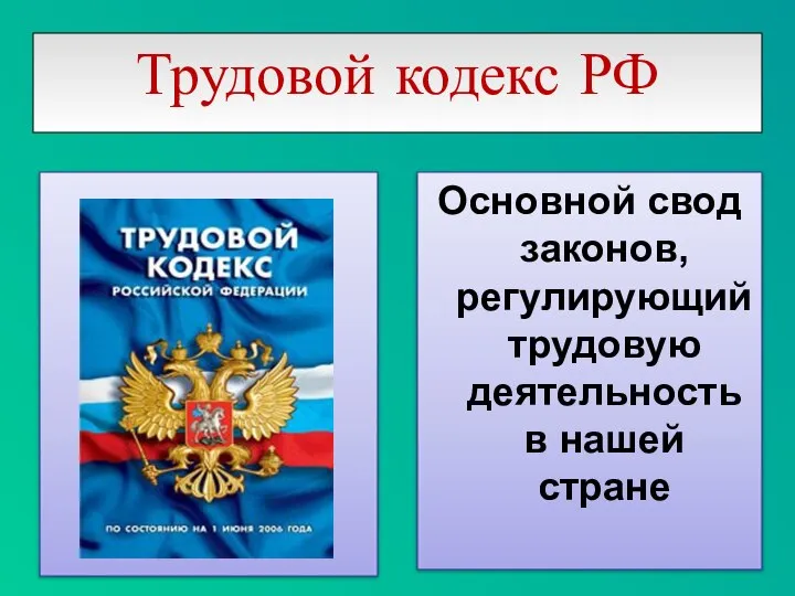 Трудовой кодекс РФ Основной свод законов, регулирующий трудовую деятельность в нашей стране