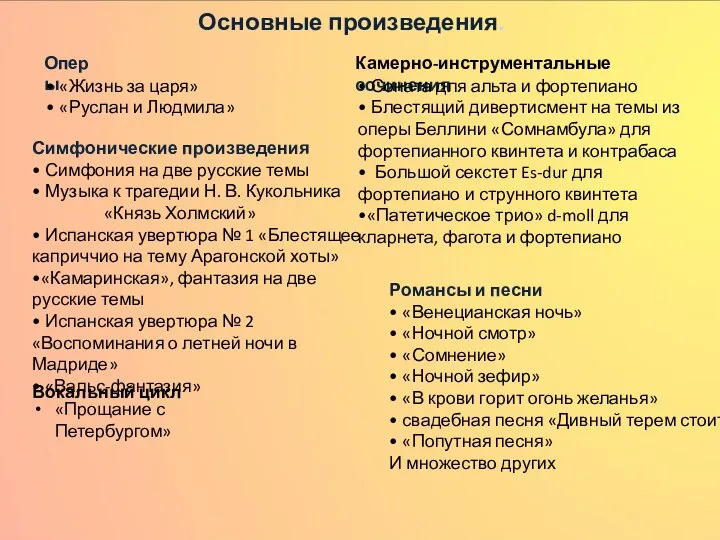 Основные произведения. Оперы • «Жизнь за царя» • «Руслан и Людмила» Симфонические