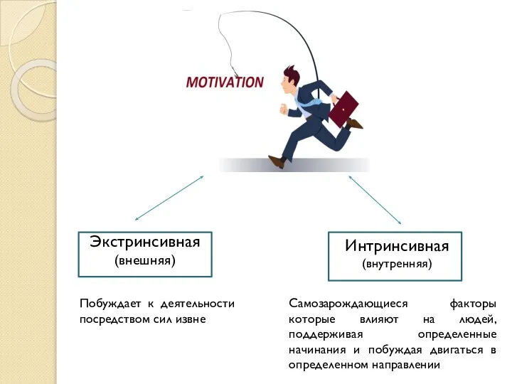 Экстринсивная (внешняя) Интринсивная (внутренняя) Побуждает к деятельности посредством сил извне Самозарождающиеся факторы