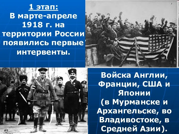 1 этап: В марте-апреле 1918 г. на территории России появились первые интервенты.