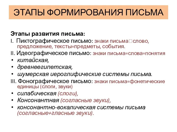 ЭТАПЫ ФОРМИРОВАНИЯ ПИСЬМА Этапы развития письма: I. Пиктографическое письмо: знаки письма?слово, предложение,