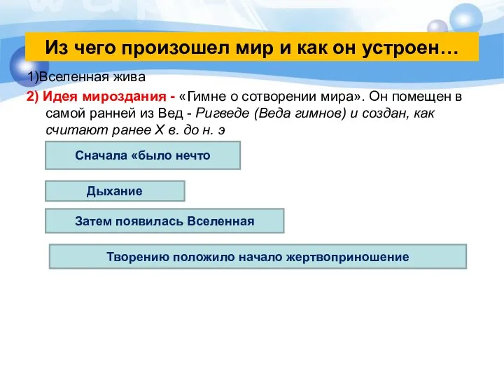 1)Вселенная жива 2) Идея мироздания - «Гимне о сотворении мира». Он помещен