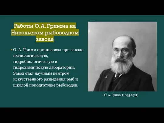 Работы О.А. Гримма на Никольском рыбоводном заводе O. A. Гримм организовал при