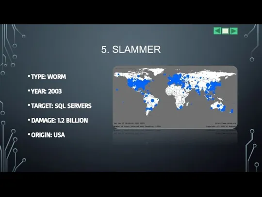 5. SLAMMER TYPE: WORM YEAR: 2003 TARGET: SQL SERVERS DAMAGE: 1.2 BILLION ORIGIN: USA