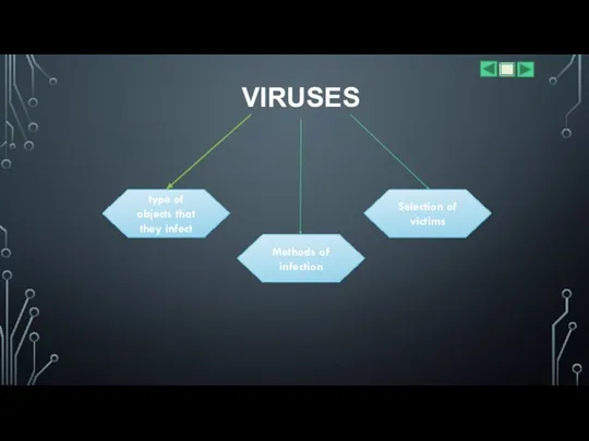 VIRUSES type of objects that they infect Methods of infection Selection of victims