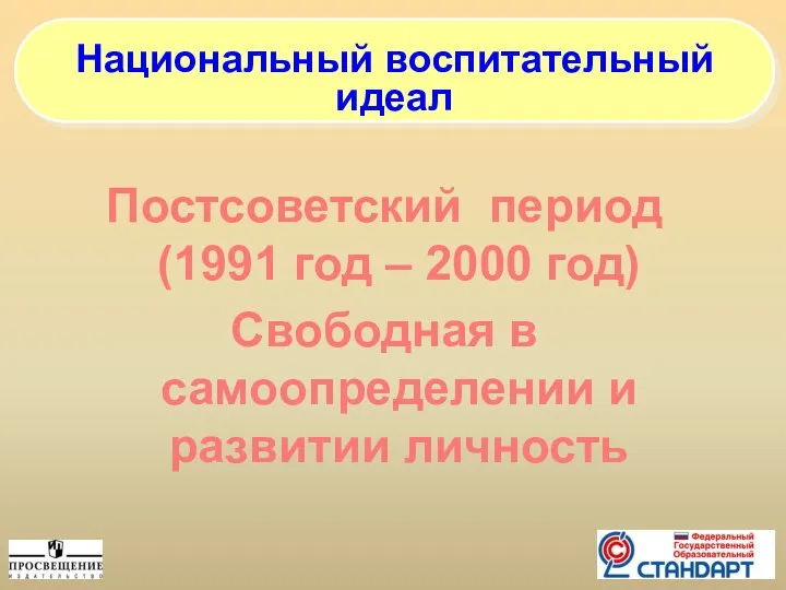 Постсоветский период (1991 год – 2000 год) Свободная в самоопределении и развитии личность Национальный воспитательный идеал