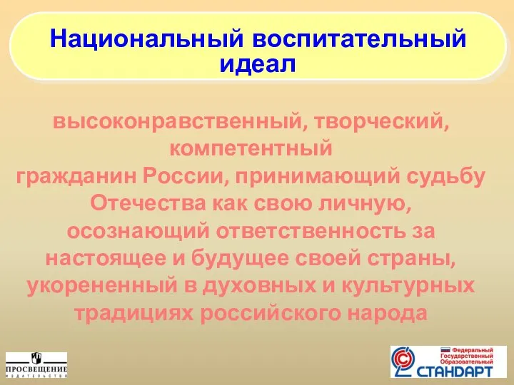 Национальный воспитательный идеал высоконравственный, творческий, компетентный гражданин России, принимающий судьбу Отечества как