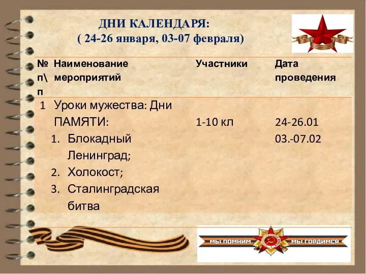 ДНИ КАЛЕНДАРЯ: ( 24-26 января, 03-07 февраля)