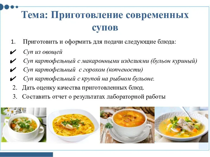 Тема: Приготовление современных супов Приготовить и оформить для подачи следующие блюда: Суп
