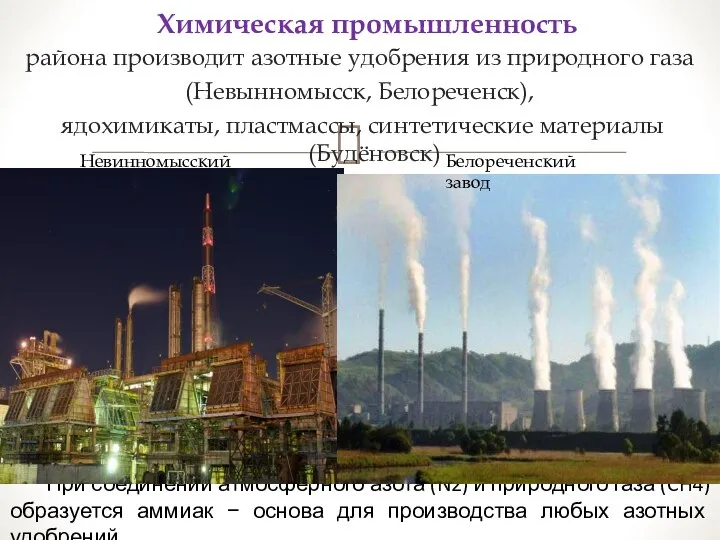 района производит азотные удобрения из природного газа (Невынномысск, Белореченск), ядохимикаты, пластмассы, синтетические
