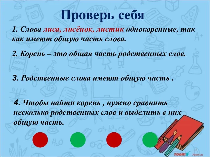 Проверь себя 1. Слова лиса, лисёнок, листик однокоренные, так как имеют общую