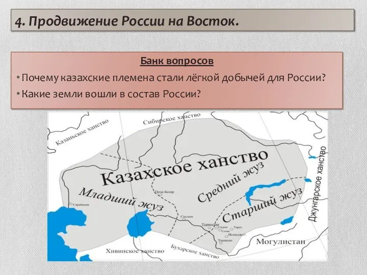 4. Продвижение России на Восток. Банк вопросов Почему казахские племена стали лёгкой