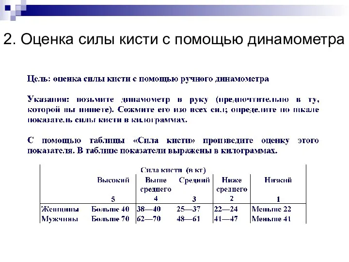 2. Оценка силы кисти с помощью динамометра