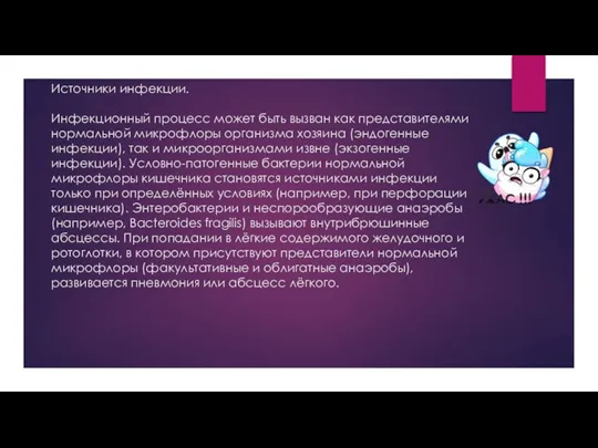 Источники инфекции. Инфекционный процесс может быть вызван как представителями нормальной микрофлоры организма