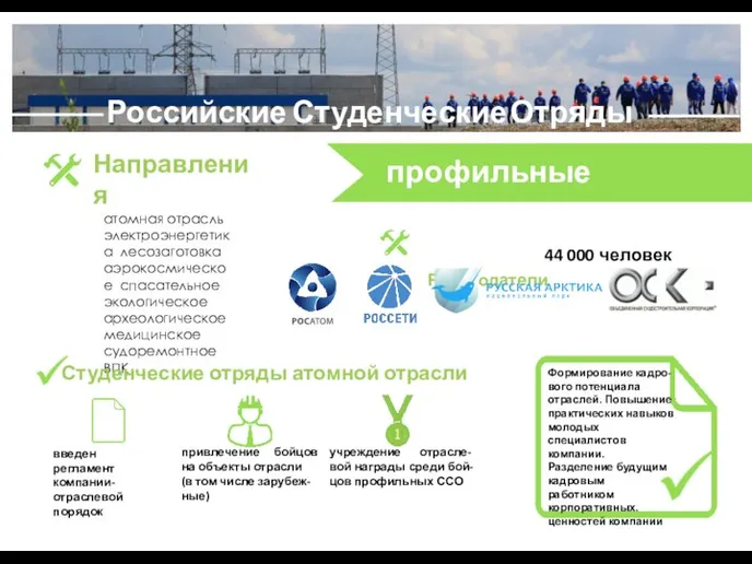 Российские Студенческие Отряды Направления атомная отрасль электроэнергетика лесозаготовка аэрокосмическое спасательное экологическое археологическое