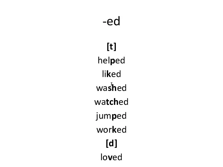 -ed [t] helped liked washed watched jumped worked [d] loved lived opened