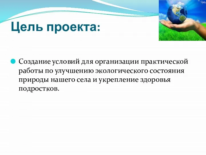 Цель проекта: Создание условий для организации практической работы по улучшению экологического состояния