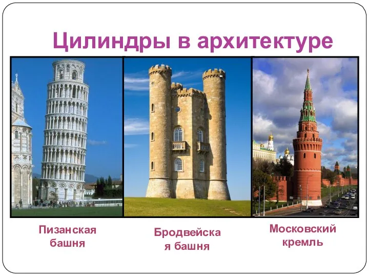Цилиндры в архитектуре Пизанская башня Московский кремль Бродвейская башня