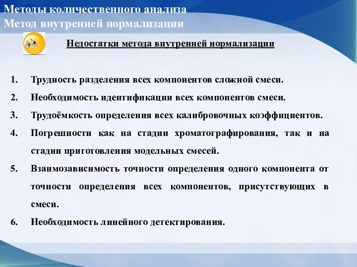 Методы количественного анализа Метод внутренней нормализации Недостатки метода внутренней нормализации Трудность разделения