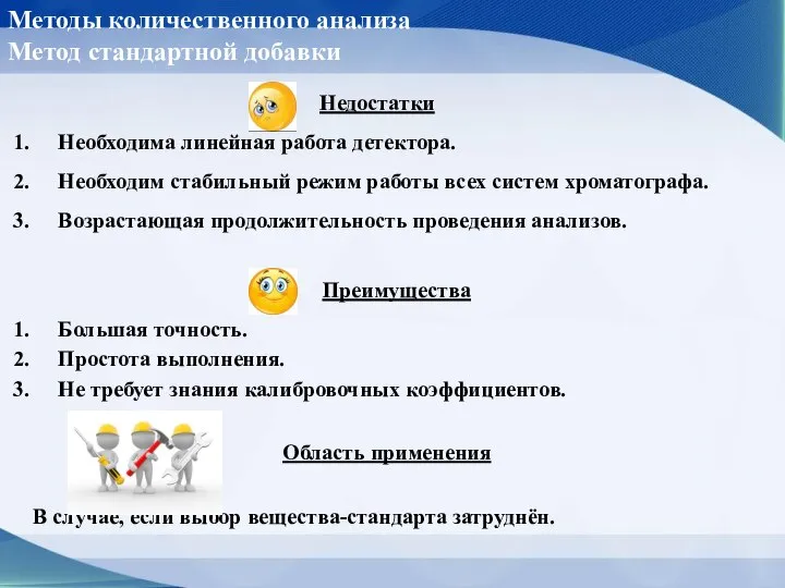 Методы количественного анализа Метод стандартной добавки Недостатки Необходима линейная работа детектора. Необходим