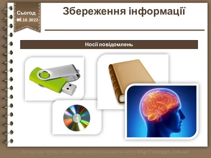 Носії повідомлень Збереження інформації http://vsimppt.com.ua/ Сьогодні 03.10.2022