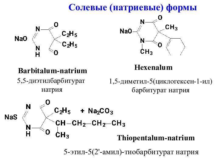 Солевые (натриевые) формы Barbitalum-natrium Hexenalum Thiopentalum-natrium 5,5-диэтилбарбитурат натрия 1,5-диметил-5(циклогексен-1-ил) барбитурат натрия 5-этил-5(2'-амил)-тиобарбитурат натрия