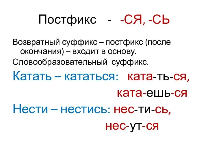 Постфикс - -СЯ, -СЬ Возвратный суффикс – постфикс (после окончания) – входит