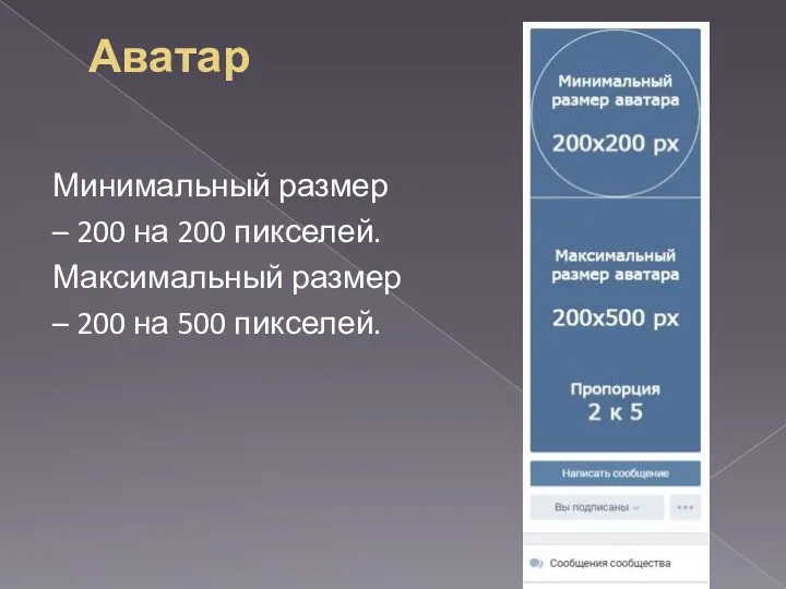 Аватар Минимальный размер – 200 на 200 пикселей. Максимальный размер – 200 на 500 пикселей.