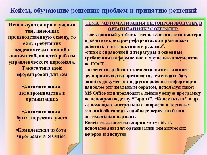 Кейсы, обучающие решению проблем и принятию решений Используются при изучении тем, имеющих