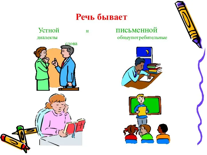 Речь бывает Устной и письменной диалекты общеупотребительные слова