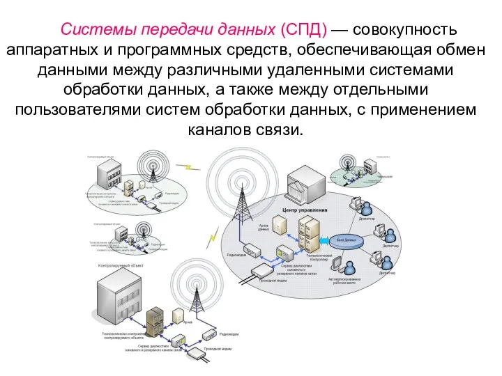 Системы передачи данных (СПД) — совокупность аппаратных и программных средств, обеспечивающая обмен