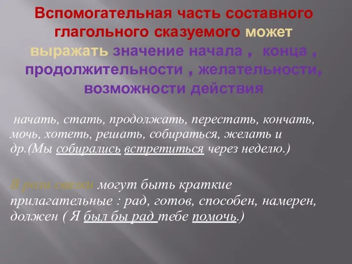 Вспомогательная часть составного глагольного сказуемого может выражать значение начала , конца ,