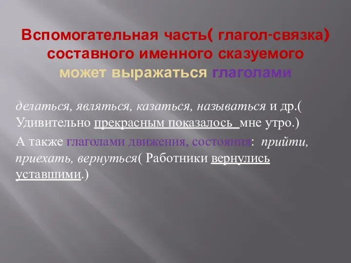 Вспомогательная часть( глагол-связка) составного именного сказуемого может выражаться глаголами делаться, являться, казаться,