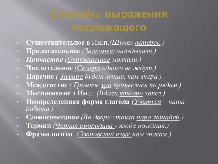 Способы выражения подлежащего Существительное в Им.п.(Шумел ветерок.) Прилагательное (Знакомые опаздывали.) Причастие (Окружающие