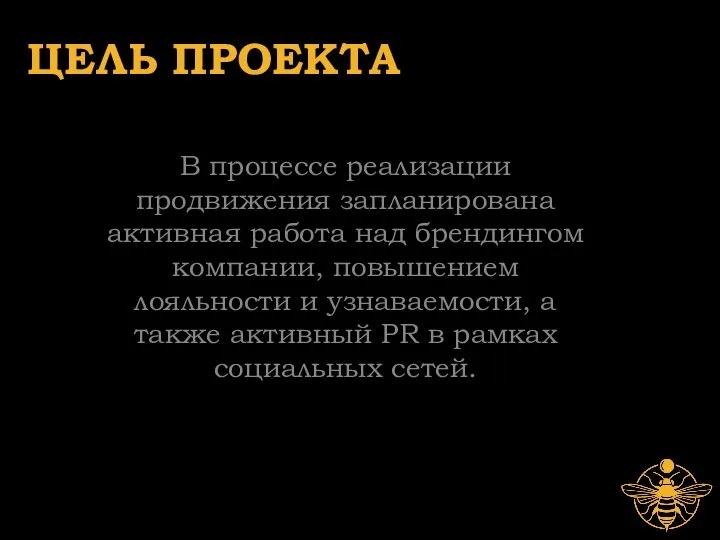 ЦЕЛЬ ПРОЕКТА В процессе реализации продвижения запланирована активная работа над брендингом компании,