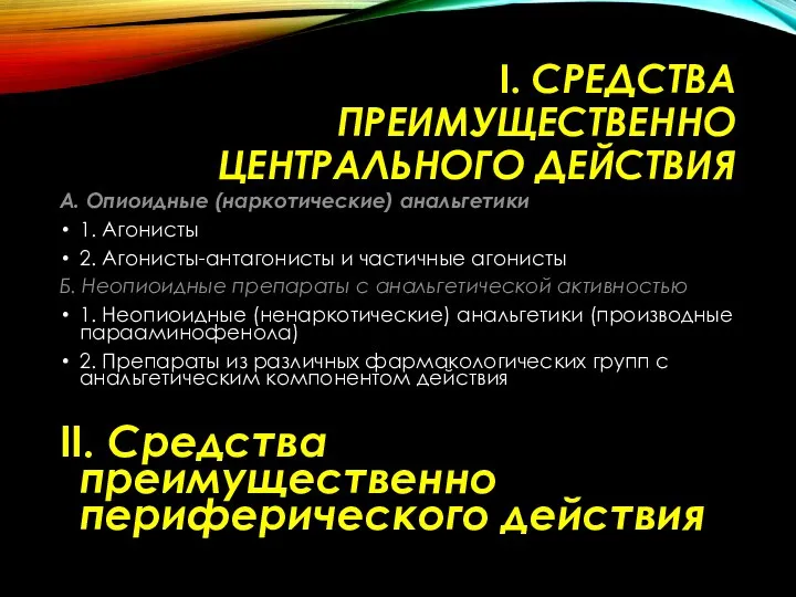 I. СРЕДСТВА ПРЕИМУЩЕСТВЕННО ЦЕНТРАЛЬНОГО ДЕЙСТВИЯ А. Опиоидные (наркотические) анальгетики 1. Агонисты 2.