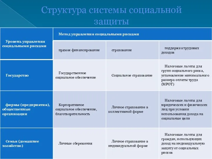 Структура системы социальной защиты