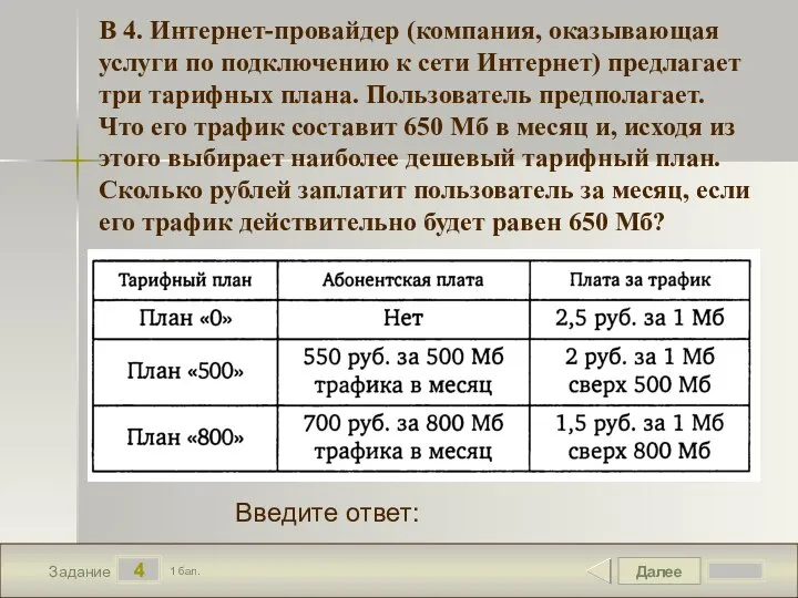 Далее 4 Задание 1 бал. Введите ответ: В 4. Интернет-провайдер (компания, оказывающая