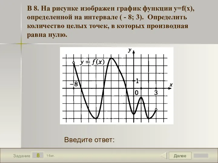 Далее 8 Задание 1 бал. Введите ответ: В 8. На рисунке изображен