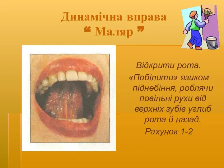 Динамічна вправа “ Маляр ” Відкрити рота. «Побілити» язиком піднебіння, роблячи повільні