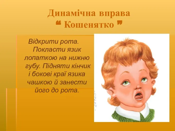 Динамічна вправа “ Кошенятко ” Відкрити рота. Покласти язик лопаткою на нижню