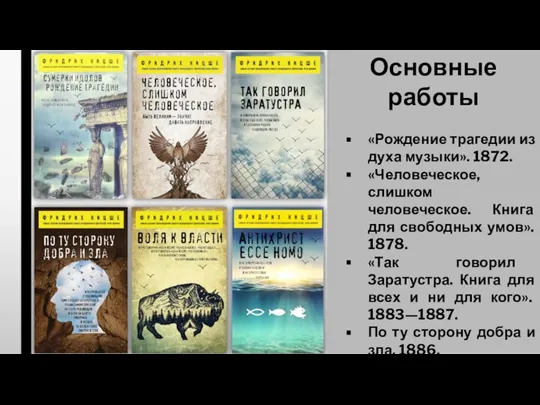 Основные работы «Рождение трагедии из духа музыки». 1872. «Человеческое, слишком человеческое. Книга