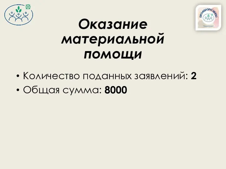 Количество поданных заявлений: 2 Общая сумма: 8000 Оказание материальной помощи