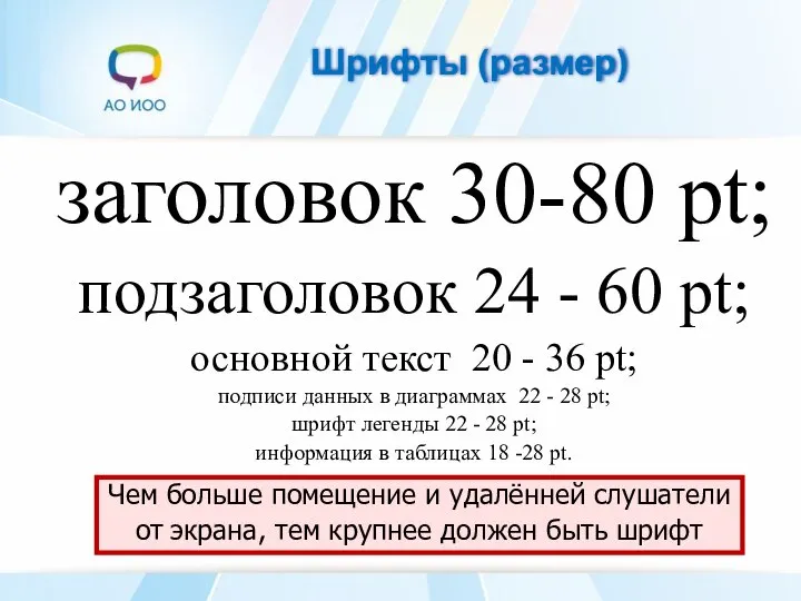 Шрифты (размер) заголовок 30-80 pt; подзаголовок 24 - 60 pt; основной текст